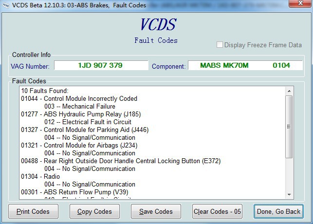 VAGS VCDS Beta 12.10.3 เบรค ABS รหัสความผิดปกติ